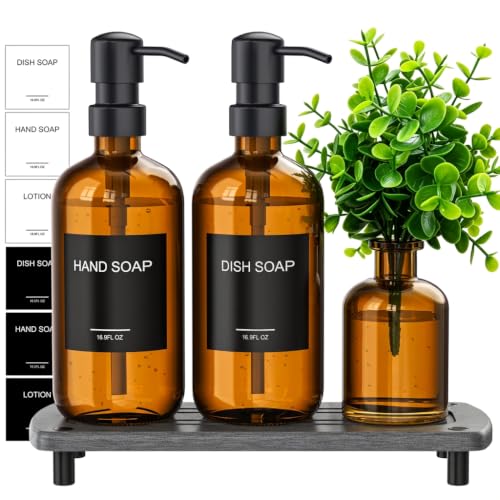 Image of Cisily Modern Soap Dispenser Set with Plants, Amber Glass Soap Dispensers with Pump, Decorative Hand and Dish Soap Dispenser Set, Soap and Lotion Dispenser Upgrade for Kitchen and Bathroom Decor