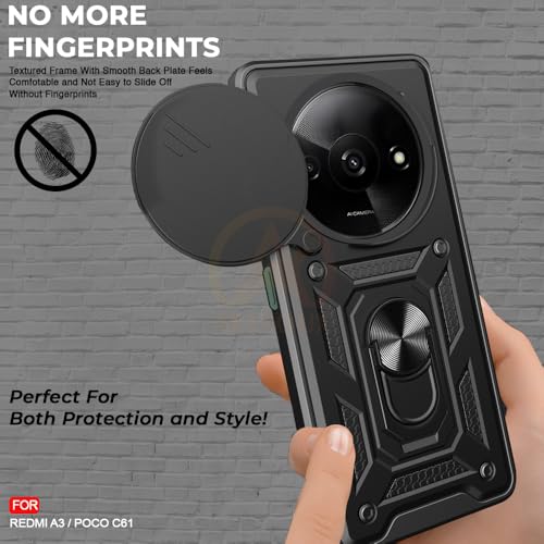 Image of Armor Bumper Back Cover Case for Redmi A3 / Poco C61 Rotating Camera Cover, Ring Holder & Kickstand | Heavy Duty & 360 Degree Protection Redmi A3 / Poco C61 Back Cover (Black)