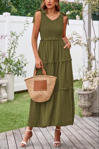Okiwam Womens Summer Dresses 2025 Sleeveless Tie Strap Maxi Long Flowy Beach Sundresses Boho Swiss Dot Fall Wedding Dresses