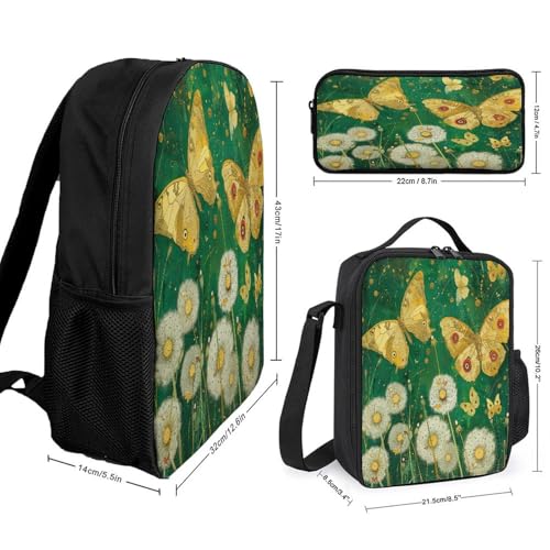 Printed Backpack With Lunch Pack Storage Box Case Yellow Butterfly Pattern 3pcs Lightweight Travel Backpack2