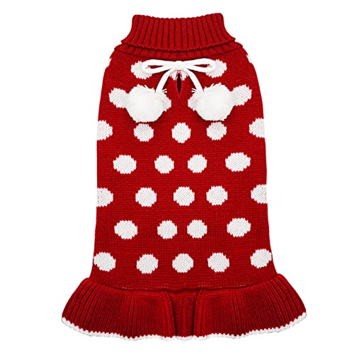 KYEESE Red Dog Sweaters Dress with Leash Hole Polka Dot Dog Sweater Knit Warm Doggie Sweaters with Pom Pom Ball for Fall… - Image 2