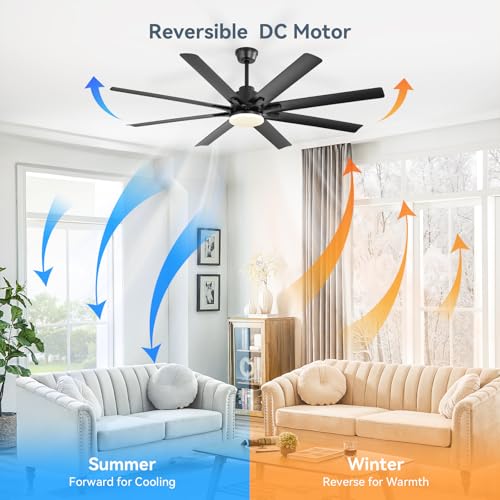 Image of Sofucor 52 Inch Ceiling Fans with Lights, Smart Indoor /Outdoor Ceiling Fan With Remote, Work with Alexa /Google, Quiet Reversible DC Motor, 6-Speed, 8 Blade Black Ceiling Fans for Patio Bedroom Garage