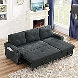 Merax 85'' Pull Out Sleeper Sectional Storage Sofa Bed w/ 2 Pockets, Convertible Corner Sofa Bed and Reversible Storage Chaise, L-Shaped Sleeper Sofa for Living Room (Black)