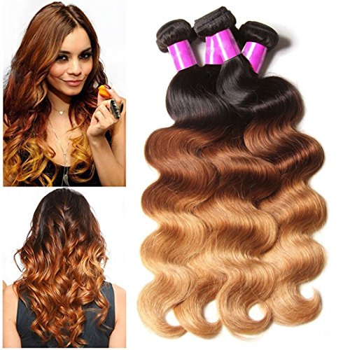 ALI JULIA Brazilian Ombre Body Wave Hair Weave 3 Bundles 7A 100% Human Hair Extensions 95-100g/pc (1b#/4#/27#) (16 16 16 inch)
