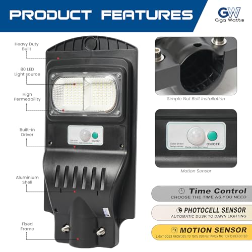 Image of Gigawatts 80 LED 30W Solar Street Light with Remote Control High Power 5Ah Battery Inbuilt 7W Solar Panel IP65 Water Resistant Outdoor Lamp for Wall Pathway Garden and Patio (1Pc, Cool White)