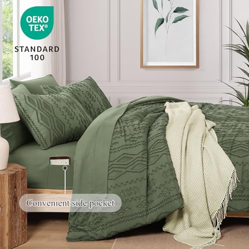 Image of AMBERSPACE Queen Comforter Set Olive Green, Tufted Farmhouse Bedding Boho Bed Set, All Season 7 Pieces Bed in a Bag with Sheets, Pillowcases & Shams