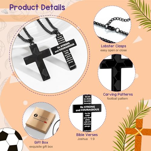 Soccer Baseball Basketball Football Cross Necklace for Boys Men, Inspirational Bible Verse Cross Pendant Black Stainless Steel Chain Chain 22+2 inch Religious Sports Jewelry Gift3