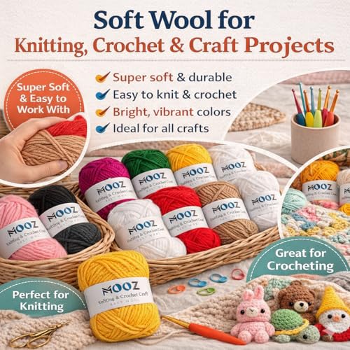 Image of MOOZ Baby Wool Yarn Set - (20g Each) Soft Knitting & Crochet Wool for DIY Craft, Hand Knitting, Crochet Projects & Art Supplies (Pack of 12)