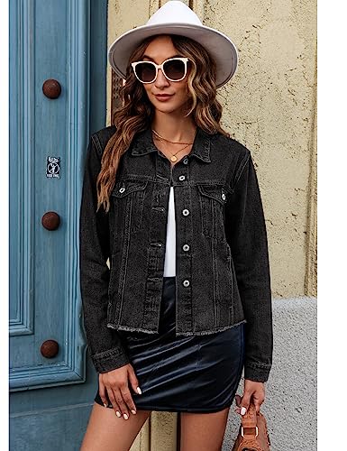 Image of luvamia Denim Jacket for Women Distressed Jean Jackets Button Up Vintage Western Trucker Jacket Frayed Hem Pockets