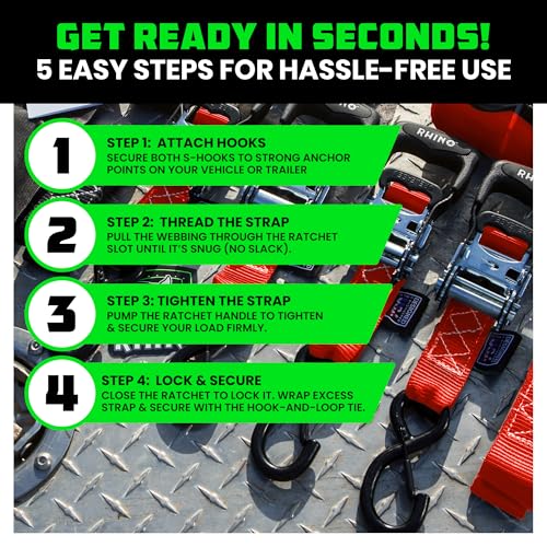 Image of Rhino USA Heavy Duty Ratchet Tie Downs (4-Pack) - 1.6in x 15ft, 5,000lb