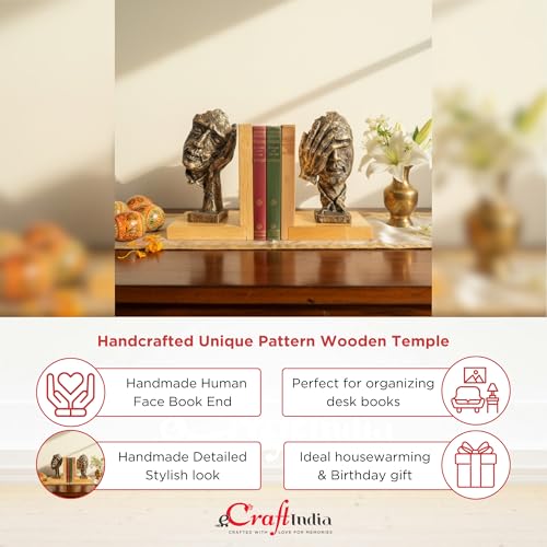 Image of eCraftIndia Wooden Book End with Resin Handmade Human Face with Hand Showpieces for Home Decor Office Table | Gift for Housewarming Birthday