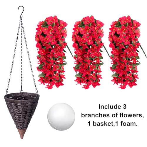 Image of INSPRING Artificial Bougainvillea Faux Flowers Plants Baskets for Outdoor Outside Decoration, 3PCS Fake Silk Flowers Long Trailing Vines UV Resistant Realistic for Front Door Porch Patio (Red)