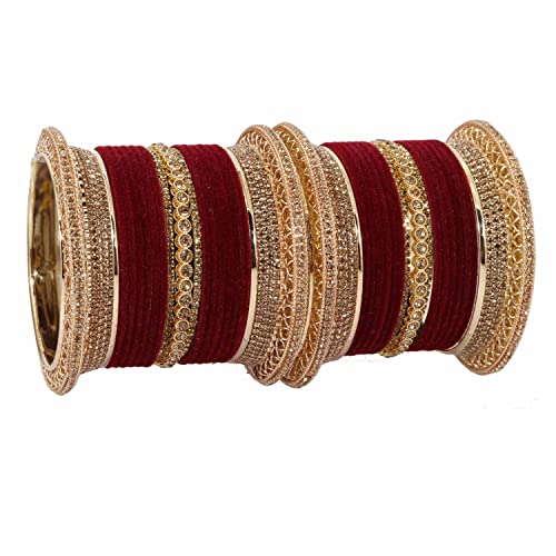 Image of NMII Non-Precious Metal with Base Metal and Studded with Zircon Gemstone Glossy Finished Traditional Velvet Bangle Chuda set for Women and Girls