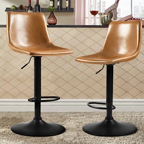 PUKAMI Bar Stools Set of 2,Counter Height Adjustable Swivel Bar Stools,PU Leather Barstools,Armless Bar Chairs for Kitchen Island,Upholstered Modern Stools with Back and Footrest for Bar