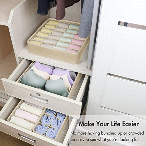 Felibeaco 4 Pack Foldable Underwear and Bras Drawer Organizers, Fabric Closet Dresser Drawers Organizers Dividers, Clothing Storage Organizers Box for Lingerie, Panties, Socks, Briefs,Ties, Beige