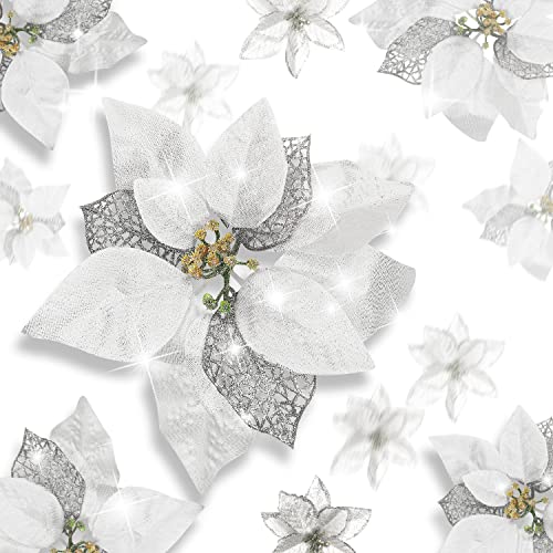 PEMOTech 27 Stück Weihnachten Funkeln Weihnachtsstern Blumen mit Clips, Glitzer Künstliche Blumen für Weihnachtsbaum Deko Hochzeit Neujahr Ornamente (Silber) Cover
