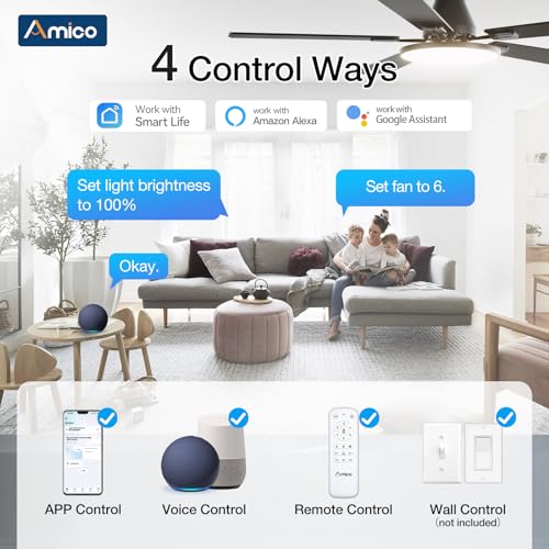 Image of Amico Ceiling Fans with Lights, 52 inch Smart Ceiling Fan with Remote /APP /Alexa Control, Flush Mount, Reversible DC Motor, 5 Blades, 6 Speeds, 3CCT, Dimmable, Noiseless, Bedroom, Living Room, Black
