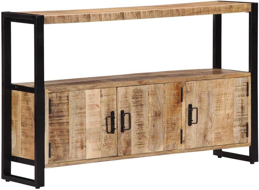 Industrial Solid Mango Wood Side Cabinet with Powder-Coated Steel Frame, 3 Doors and Built-in Shelf for Spacious Storage, Modern Rustic Furniture for Living Room Hallway