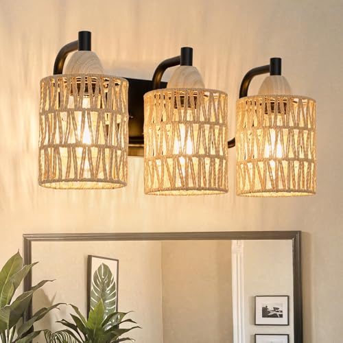 Image of FRIDEKO HOME Farmhouse 3-Light Bathroom Vanity Light - Rattan Light Fixtures Wall Sconce Bathroom Lighting Fixtures Over Mirror with Boho Woven Lampshade for Bedroom Living Room Hallway