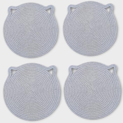 Image of Cotton Rope Placemats, Round Red with White Border, Set of 4, Heat Resistant Table Mats (Silver)