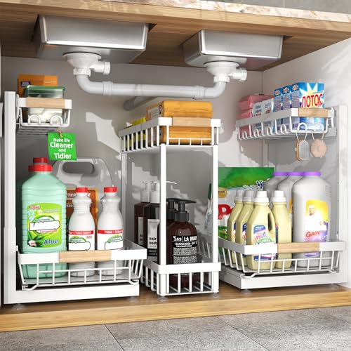 3-Pack 2-Tier Height Adjustable Under Sink Organizer, White | Multi-purpose metal storage shelf with sliding shelves for kitchen, bathroom, pantry & laundry cabinet