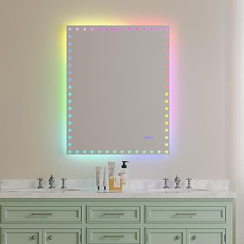 Espejo de baño LED, 40 x 32 pulgadas, espejo de baño iluminado frontal y retroiluminado, RGB multicolor, anti-niebla, regulable, espejo de tocador