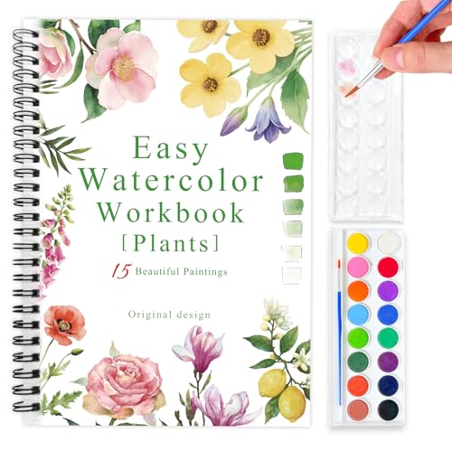 SLWBZ Watercolor Workbook Flower Plants 15 Different Patterns of Original DIY Designs 16 Color Watercolor Paint Plates with Palette and Brush Beginner-Friendly Watercolor Workbooks Plants