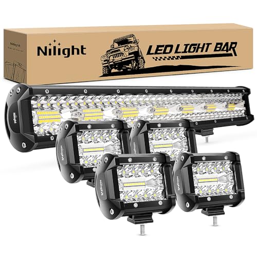 Nilight 20 Inch 420W Triple Row Flood Spot Combo Led Light Bar 4PCS 4Inch 60W LED Pods Driving Boat Lights Led Off Road Trucks Lights , 2 Years Warranty (ZH415), Black