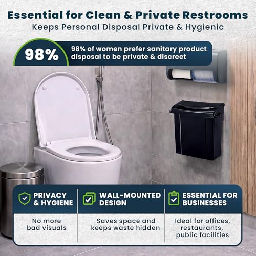 Image of Alpine Sanitary Napkin Receptacle - Feminine Hygiene Disposal Container, Wall Mounted Trash Can with Odor Control Seal & Installation Hardware (Black)