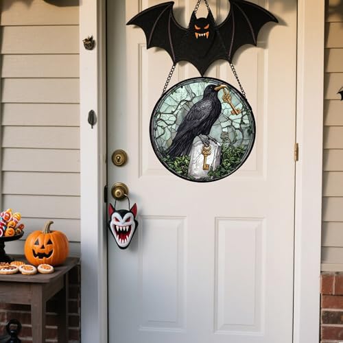 Image of Stained Glass Window Hanging - Halloween Crow Holding A Key Suncatcher for Doors Garden Home Spooky Green Vines Sun Catchers Gothic Decor Horror Gift for Women Men Friend Boy Girl 15 in