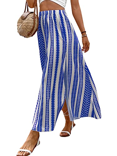 Sampeel Womens Boho Long Skirt With Slit Elastic Waisted Skirts Flowy Vacation Skirts Blue L #TOP3