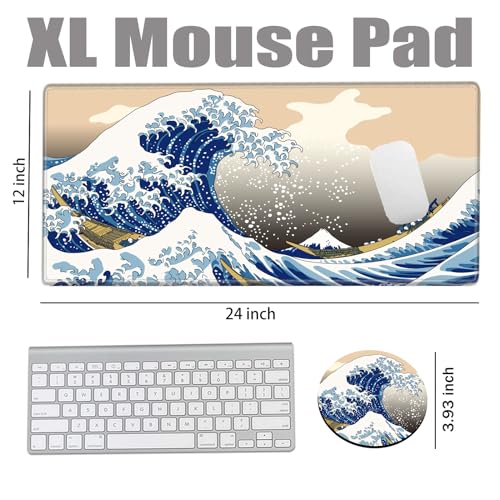 Image of Gaming Mouse Pad Japanese Sea Wave Mousepad 24x12 Desk Pad XL Ocean Desk Mat Long Extended Computer Mat Non Slip Base Big Mouse Mat for Wireless Mouse Laptop Office