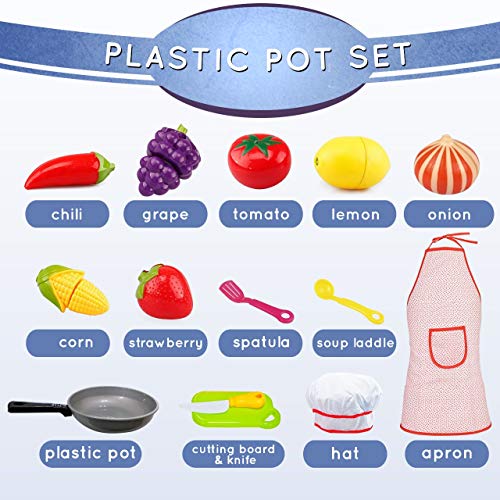 Play Cooking Pan with Cutting Fruits & Vegetables, Apron and Chef Hat, and Play Utensils - Slice up Food with Knife & Cutting Board - for Toddlers and Girls Toy Kitchen - Fake Food Pretend Pot Set