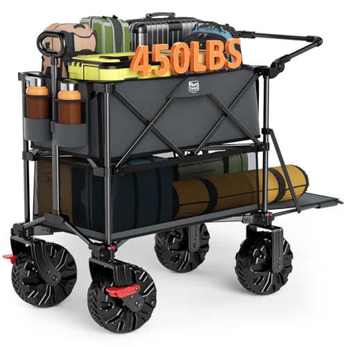 TIMBER RIDGE Push & Pull Double Decker Wagon 400L Large Capacity Heavy Duty & 450lb Load Collapsible Cart with All-Terrain Wheels & Brakes 54 Extended Foldable for Sports Beach Camping Grey