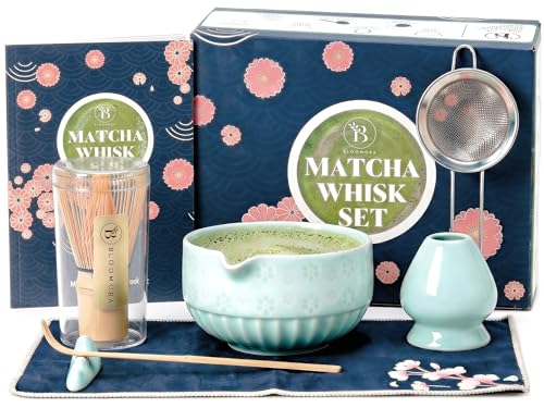 Matcha Kit – Set Matcha con Cuenco de Cerámica, Batidor de Bambú, Cucharilla, Colador, Reposacucharilla, Soporte para Batidor, Paño + Manual – Kit Tradicional de Ceremonia del Té Japonés