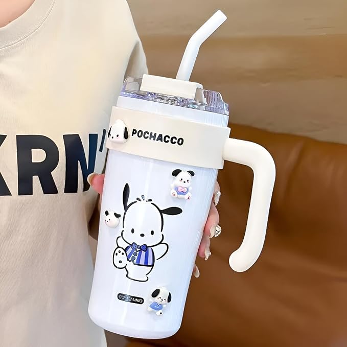 Image of Cute Cartoon Straw Tumbler 860ml with Handle | Doublewall-Reusable Sipper Cup with Lid for Kids & Teens | Lightweight Drinking Mug for Water, Juice & Milk (White)