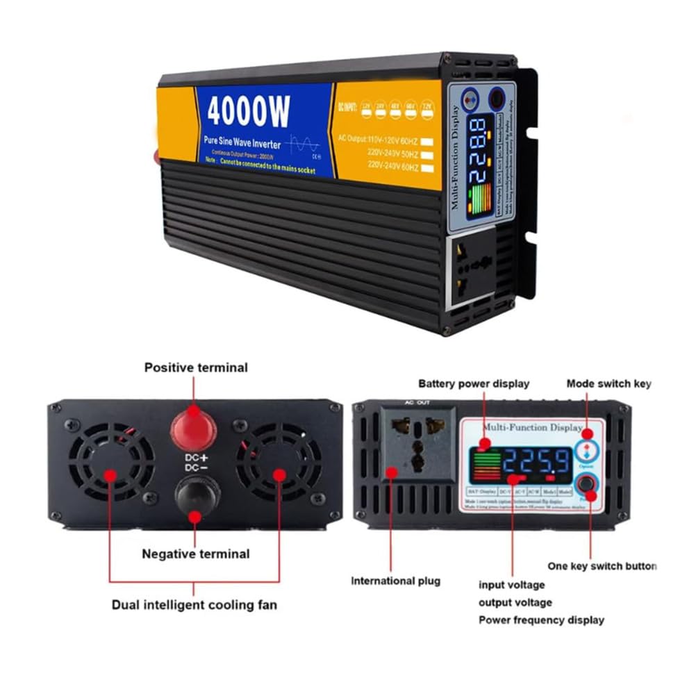 48V TO 120V,Falownik czystej fali sinusoidalnej 2000 W 12V-72V DC na 120V/220V AC, szczytowa moc 4000W, gniazdka AC, do domu, kampera, ciężarówki 72V na 220V