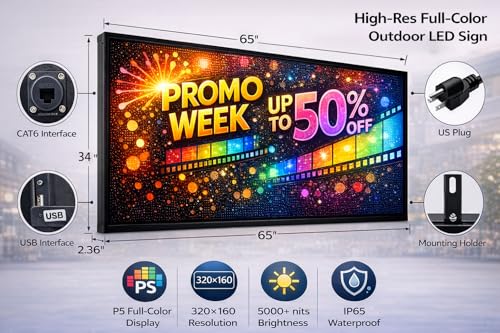 Image of P5 Outdoor LED Sign 65 inch x 34 inch, IP65 Waterproof Programmable Full Color Digital Display with WiFi & USB Control, High-Resolution Scrolling Text Image Video LED Advertising Board for Business
