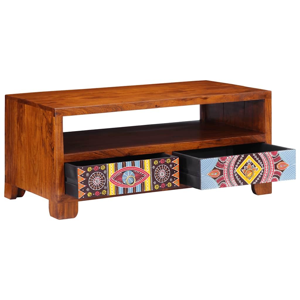 Tavolino da Salotto in Legno Massello di Acacia con Finitura Ambra 90x50x40 cm, Mobiletto con Ripiano Portaoggetti e Cassetto, Design Moderno Salvaspazio per Soggiorno, Camera e Ufficio