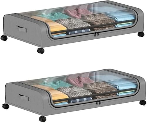 KIEHUAキャスター付き下収納、ソファー下、大容量、、トロリー、スペース活用、折りたたみ式、ハンドル、ローラー付き、多機能、下ボックス (グレー,2パック)