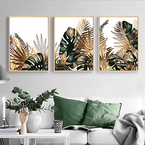 Affiche peintures sur toile de feuilles d'or et émeraude salon 70x100 cm triptyque
