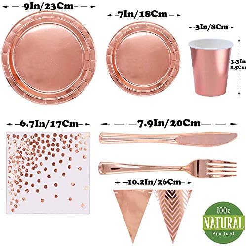 Rose Gold Party Supplies Foil Paper Plates Cups Napkins Reusable Forks Knives for Wedding Birthday Anniversary Rose Gold Party Tableware for 24 Guests