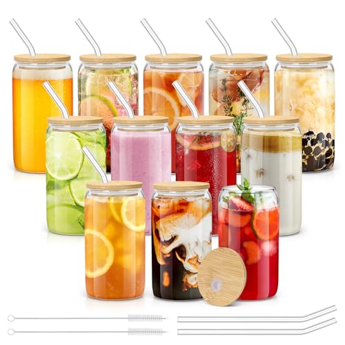 Image of sungwoo 12PCS Glass Cups with Bamboo Lids and Straws, 16OZ Ice Coffee Cup, Drinking Cup set with Wooden Lids, Home Essential Glass Tumblers for Beer, Cocktail, Tea and Latte Clear