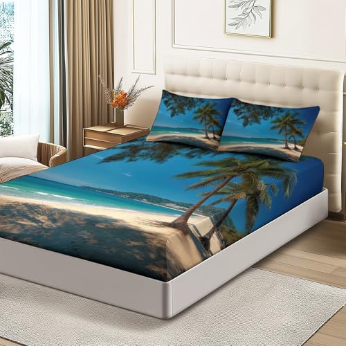 Drap housse 140x200 bleu microfibre élastique palmier - 3