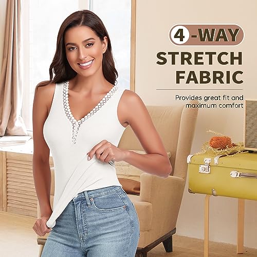 WOWENY Sleeveless Thermal Fleece Tank Top for Women V Neck Lace Camisole Warm Base Layer Cami Vest Underwear Tops4