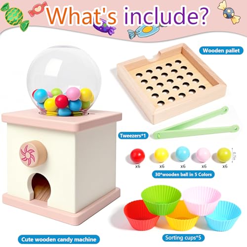 Image of 9.6 inch Wooden Gumball Machine For Kids Learning Color Sorting & Counting Toy | Toddler Preschool Learning Activities Toy for Kids Ages 3-5, Wood Preschool Learning Fine Motor Skills Game Toys