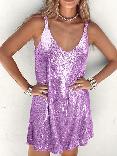 Image of MIYIEONZ Women Sequin Sexy V Neck Shift Dress Sparkly Glitter Sleeveless Short Flowy Loose Party Night Out Club Dress