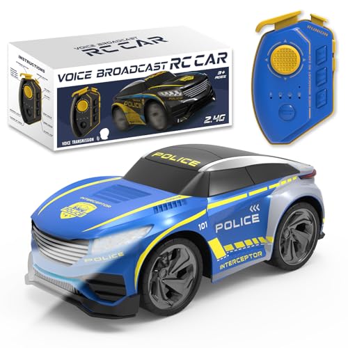 BORSTOYPRO Coche de Policía Teledirigido para Niños con Múltiples Funciones de Voz, RC Coche de Policía para los niños con el Cambio de Voz, Luces Intermitentes, Sonidos de Sirena RC Car Regalo