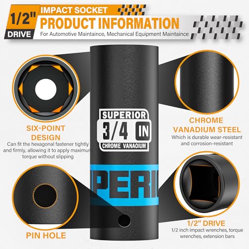Image of 1 /2 inch Drive Impact Socket, 3 /4 inch Deep Socket, SAE, 6 Point, CR-V, for Car Repair, Loosen the Fastening Nut