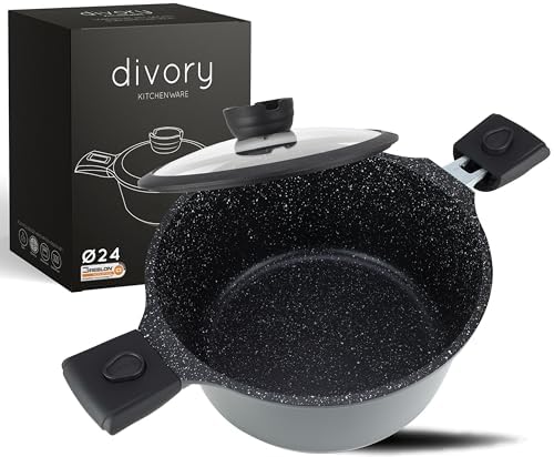 DIVORY Zapiekanka 18cm - rondel 2L z pokrywką - mały garnek do mleka z powłoką, zdejmowany uchwyt, indukcja, możliwość mycia w zmywarce i piekarniku